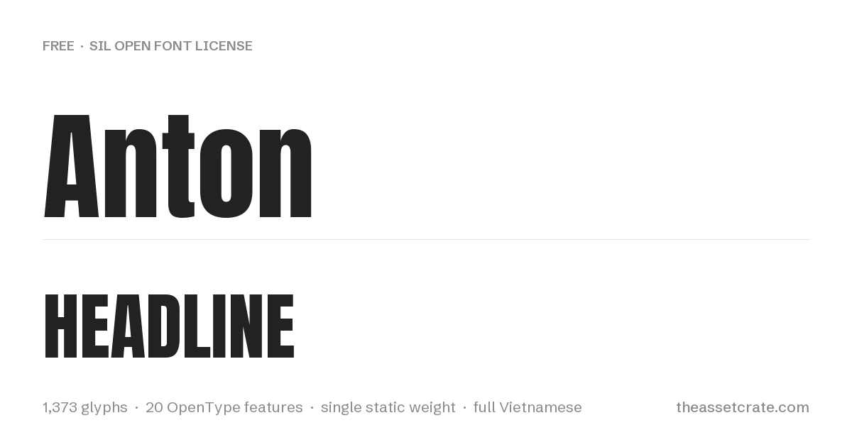 Pearson Font: Hand-Drawn Vintage Display, 4 Styles 3 Anton specimen — a free alternative, 1,373 glyphs under the SIL Open Font License