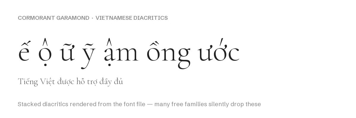 Cormorant Garamond Font: Free Display Serif, Variable Weight 300–700 3 Cormorant Garamond rendering Vietnamese stacked diacritics including e-circumflex acute, o-circumflex dot below, u-horn tilde and y-tilde