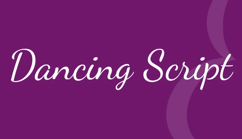 dancing script font free download — Dancing Script — the typeface name set in Dancing Script itself, white on a solid colour cover