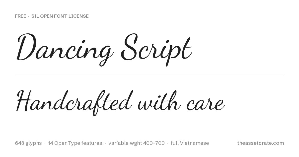 Dancing Script specimen — a free alternative, 643 glyphs under the SIL Open Font License