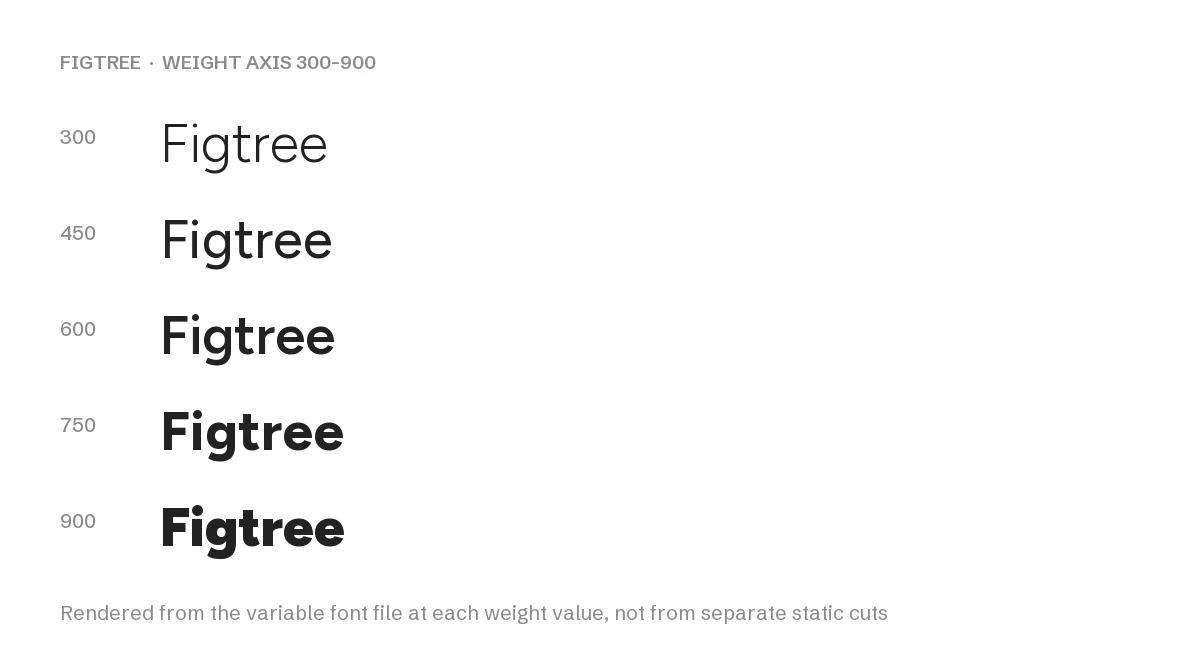 Figtree Font: Free Neutral UI Sans, Variable Weight 300–900 3 Figtree weight axis rendered from the variable font file at 300 to 900