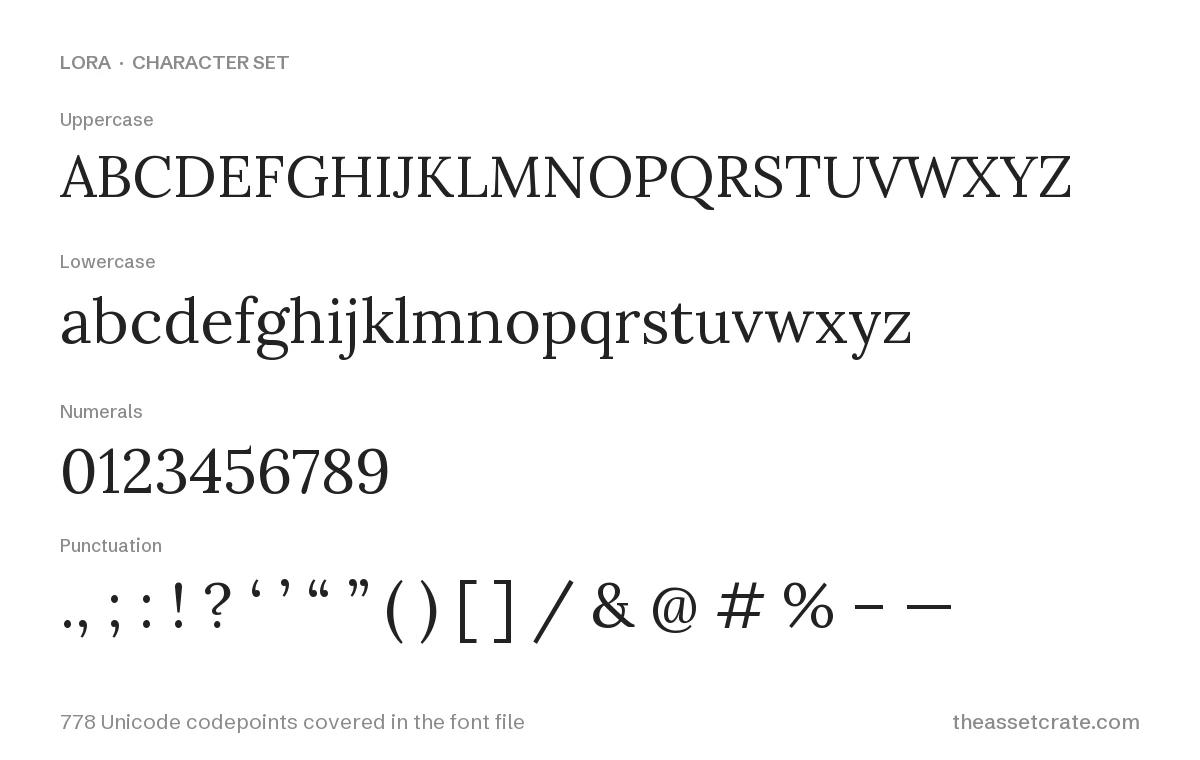 lora font free download — character set: uppercase, lowercase, numerals and punctuation, 778 Unicode codepoints covered