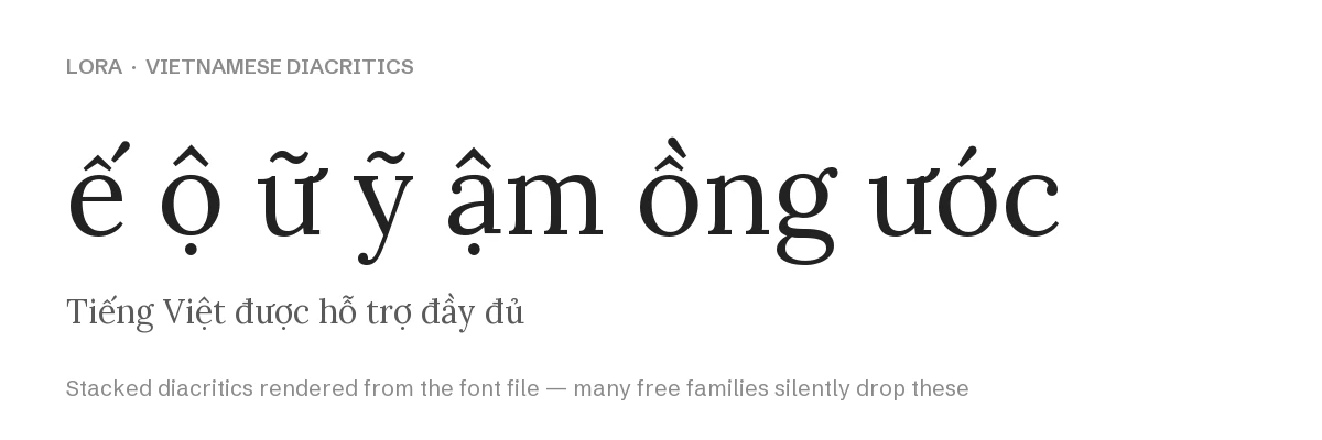 Lora rendering Vietnamese stacked diacritics including e-circumflex acute, o-circumflex dot below, u-horn tilde and y-tilde