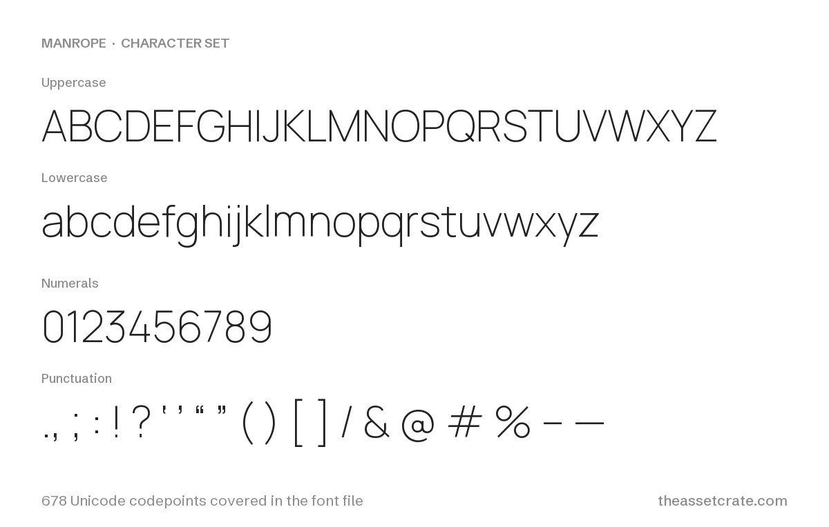 Manrope Font: Free Modern UI Sans, Variable Weight 200–800 2 manrope font free download — character set: uppercase, lowercase, numerals and punctuation, 678 Unicode codepoints covered