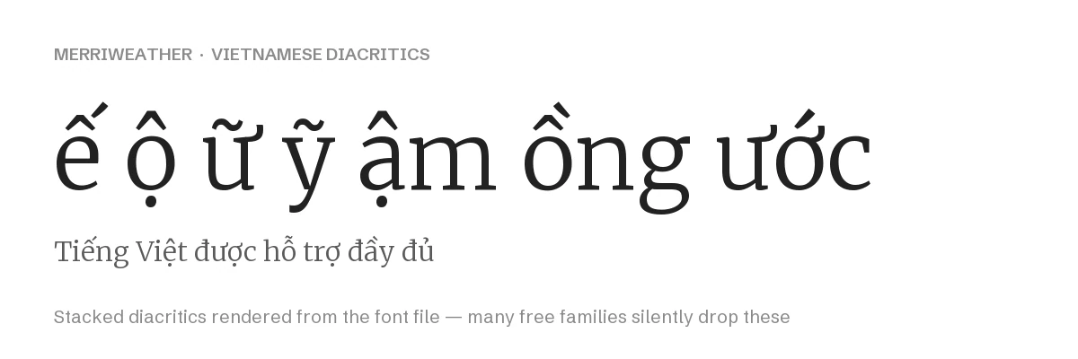 Merriweather Font: Free Screen-First Text Serif, 3 Variable Axes 3 Merriweather rendering Vietnamese stacked diacritics including e-circumflex acute, o-circumflex dot below, u-horn tilde and y-tilde