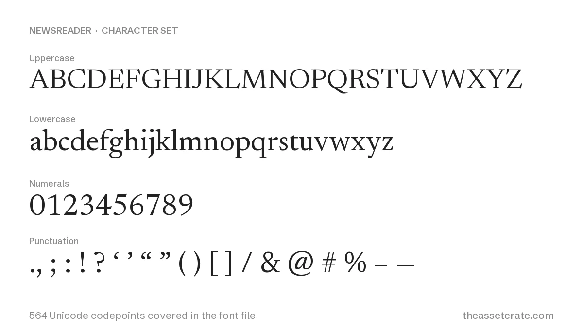 Newsreader Font: Free Serif with Optical Size + Weight Axes 2 newsreader font free download — character set: uppercase, lowercase, numerals and punctuation, 564 Unicode codepoints covered