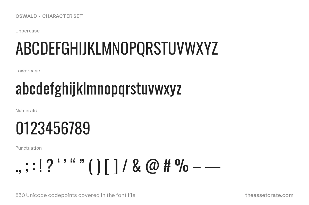 Oswald Font: Free Condensed Gothic Sans, Variable Weight 200–700 2 oswald font free download — character set: uppercase, lowercase, numerals and punctuation, 850 Unicode codepoints covered