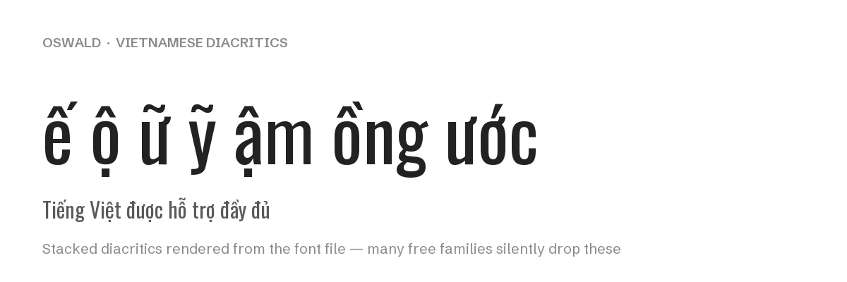 Oswald Font: Free Condensed Gothic Sans, Variable Weight 200–700 3 Oswald rendering Vietnamese stacked diacritics including e-circumflex acute, o-circumflex dot below, u-horn tilde and y-tilde
