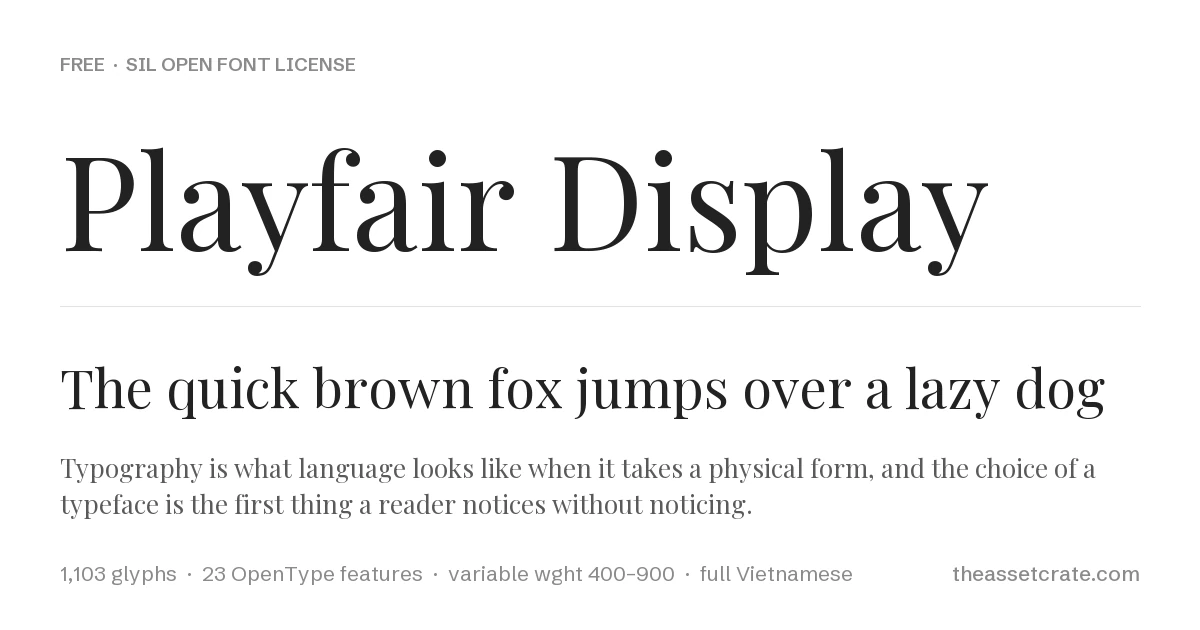 The Silver Editorial Font: 1980s-Inspired Serif 3 Playfair Display specimen — a free alternative, 1,103 glyphs under the SIL Open Font License