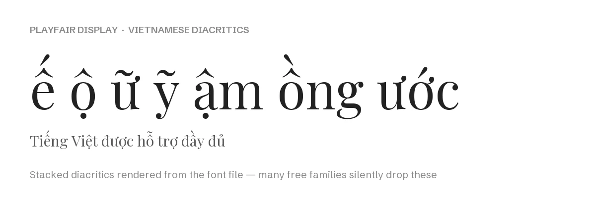 Playfair Display Font: Free Transitional Display Serif, Variable Weight 400–900 3 Playfair Display rendering Vietnamese stacked diacritics including e-circumflex acute, o-circumflex dot below, u-horn tilde and y-tilde