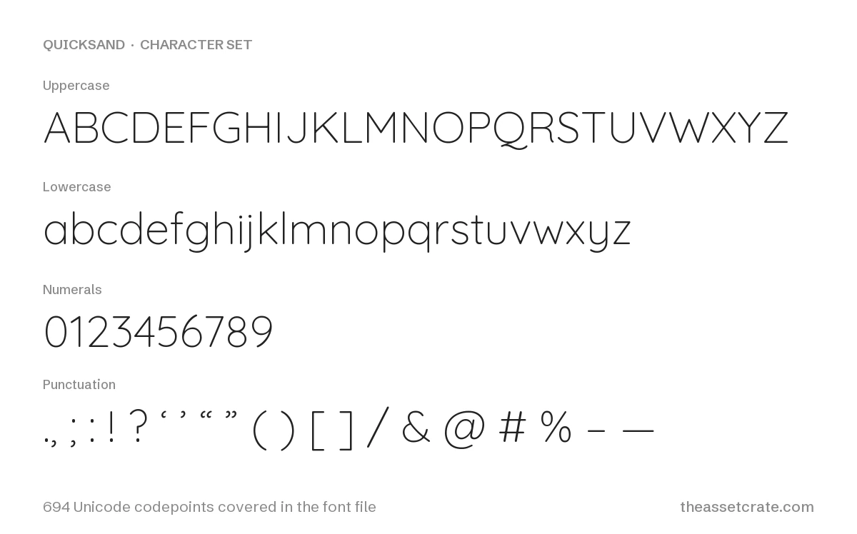 Quicksand Font: Free Rounded Geometric Sans, Variable Weight 300–700 2 quicksand font free download — character set: uppercase, lowercase, numerals and punctuation, 694 Unicode codepoints covered