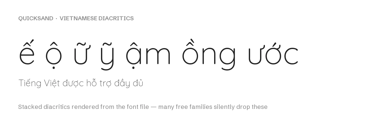Quicksand Font: Free Rounded Geometric Sans, Variable Weight 300–700 3 Quicksand rendering Vietnamese stacked diacritics including e-circumflex acute, o-circumflex dot below, u-horn tilde and y-tilde