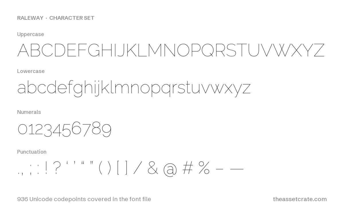 raleway font free download — character set: uppercase, lowercase, numerals and punctuation, 936 Unicode codepoints covered