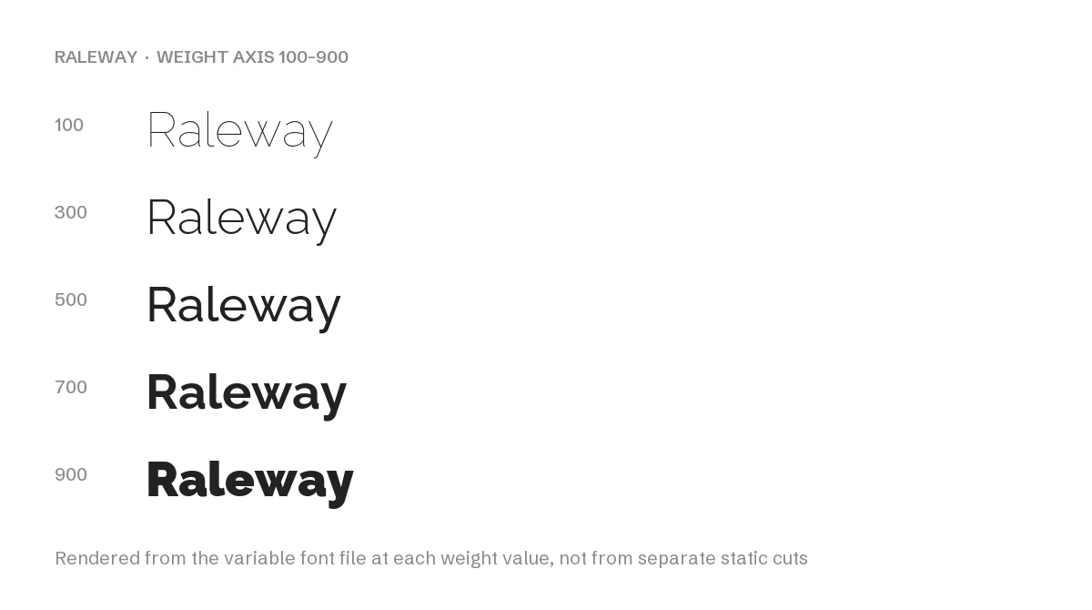 Raleway weight axis rendered from the variable font file at 100 to 900