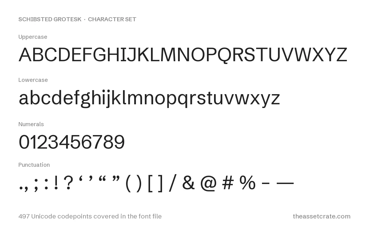 schibsted grotesk font free download — character set: uppercase, lowercase, numerals and punctuation, 497 Unicode codepoints covered