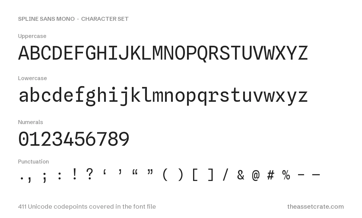 Spline Sans Mono Font: Free Monospace Variable Font (300–700) 2 Spline Sans Mono Font — character set: uppercase, lowercase, numerals and punctuation, 411 Unicode codepoints covered
