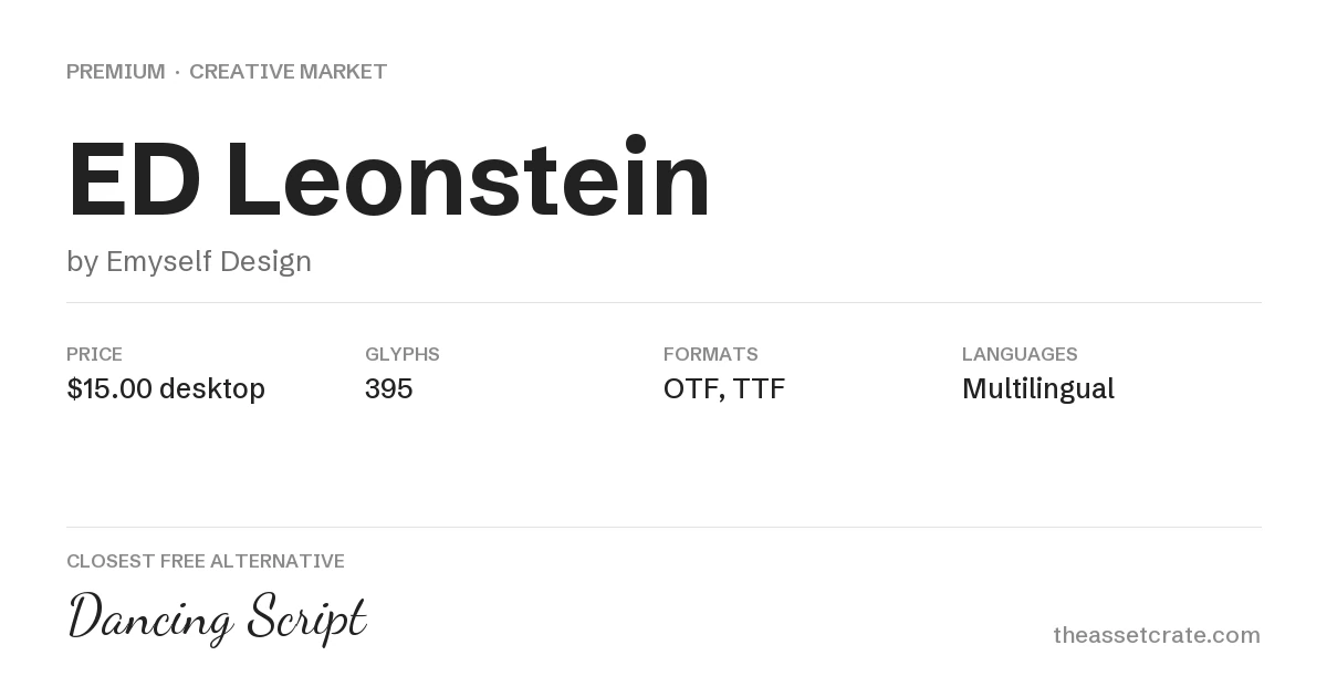 ED Leonstein specification card showing designer, price, style and format as listed on Creative Market