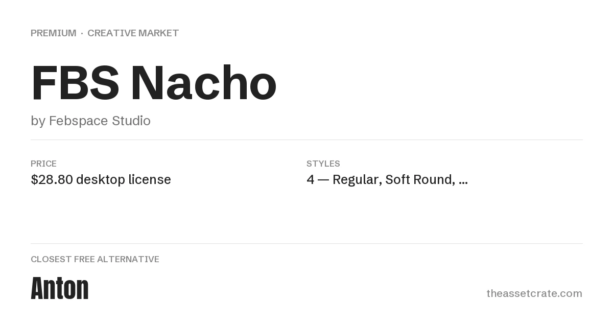 FBS Nacho Font: Chunky Display Sans, 4 Styles 2 FBS Nacho specification card showing designer, price, style and format as listed on Creative Market