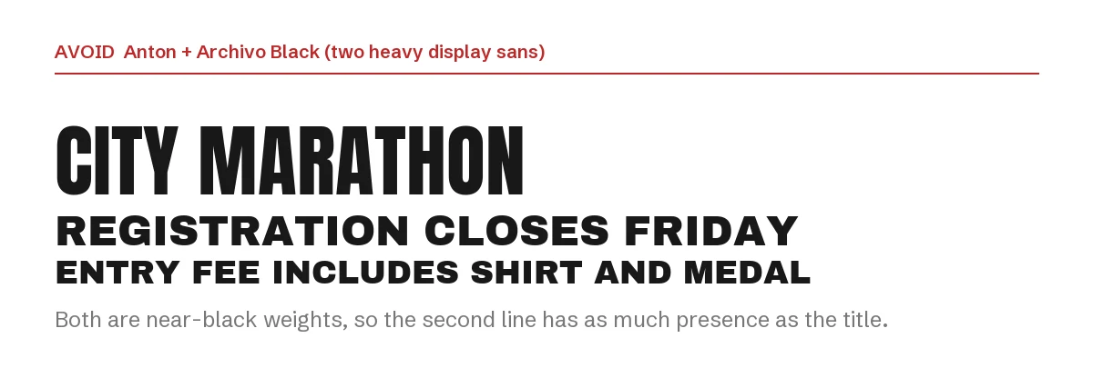 Anton Font Pairings for Canva: 6 Fonts That Fit 9 Example of a weak pairing: an Anton headline followed by Archivo Black lines, both very heavy sans serifs