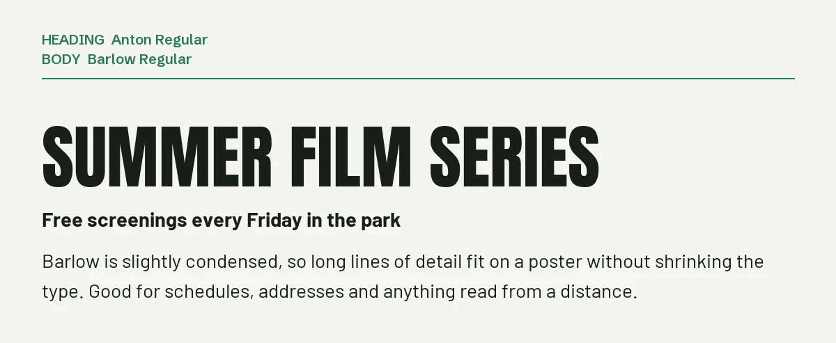 Anton Font Pairings for Canva: 6 Fonts That Fit 5 Anton headline "Summer Film Series" with Barlow body text