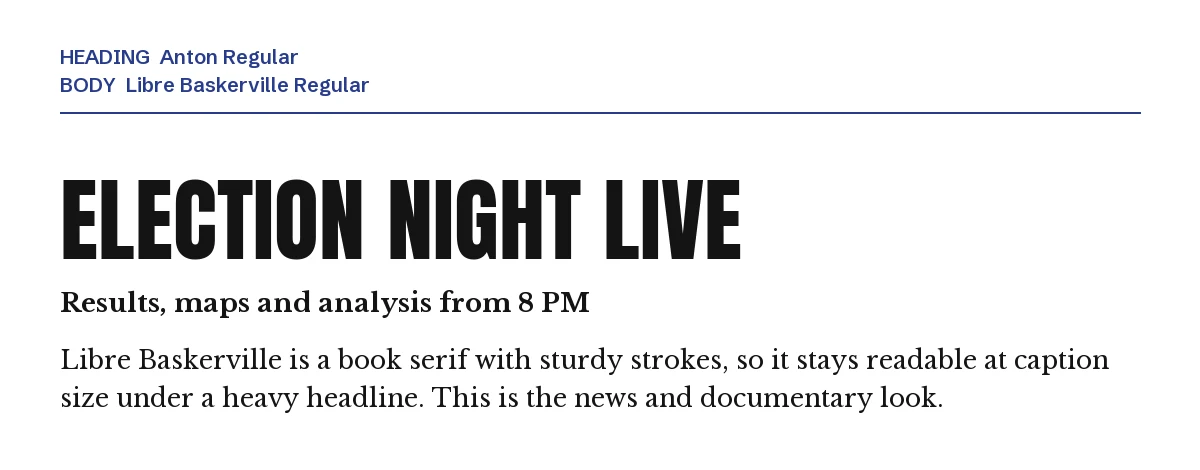 Anton Font Pairings for Canva: 6 Fonts That Fit 7 Anton headline "Election Night Live" with Libre Baskerville body text