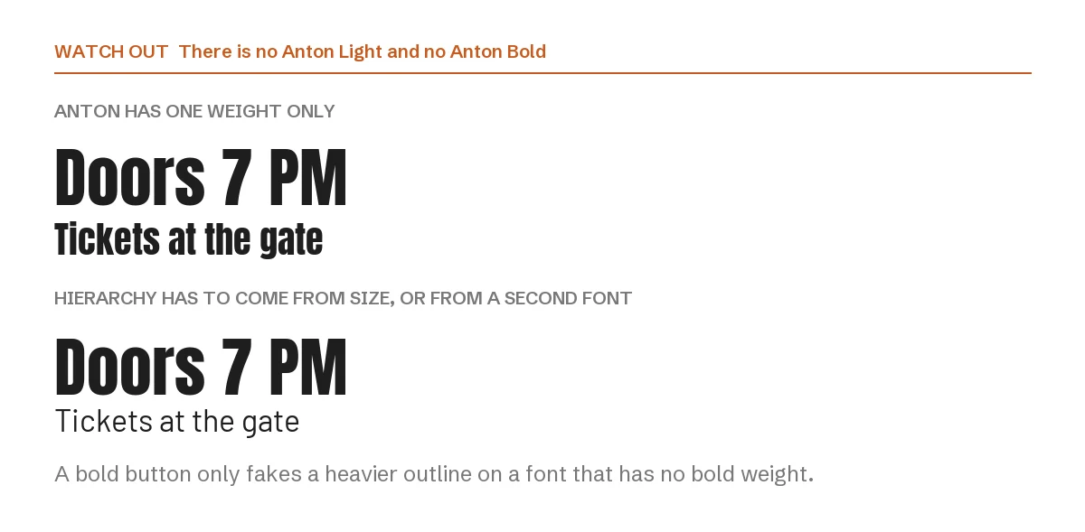 Anton Font Pairings for Canva: 6 Fonts That Fit 2 Two versions of the same layout: one with both lines in Anton at different sizes, one with the second line in Barlow