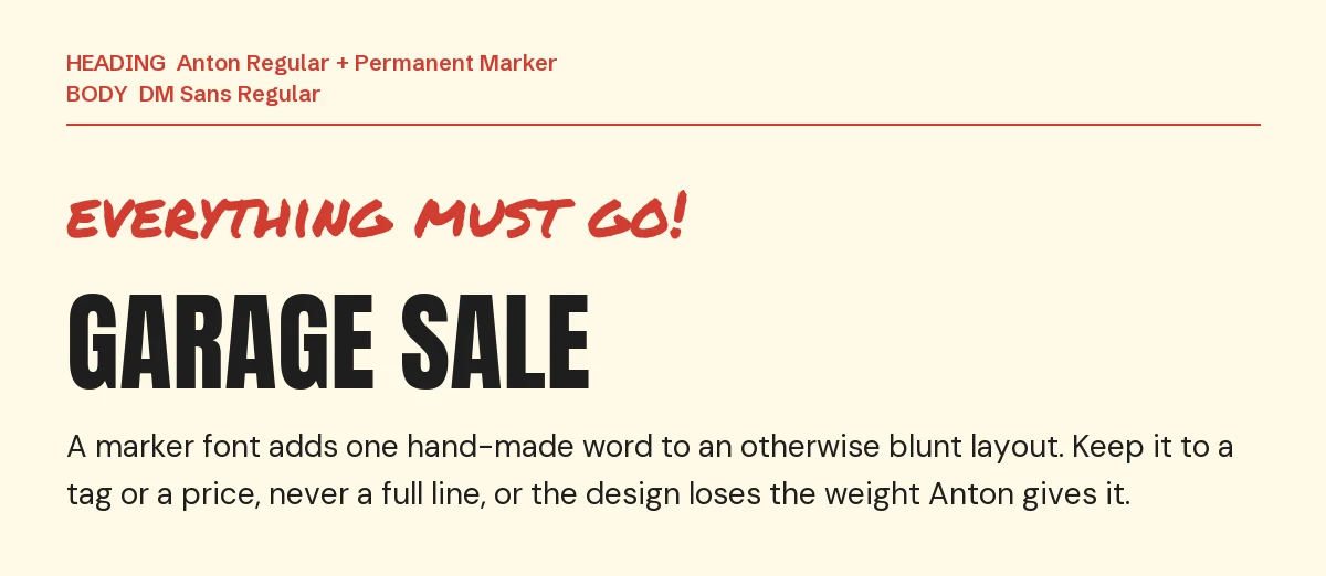 Anton Font Pairings for Canva: 6 Fonts That Fit 8 Permanent Marker accent line "everything must go!" above an Anton "Garage Sale" headline with DM Sans details