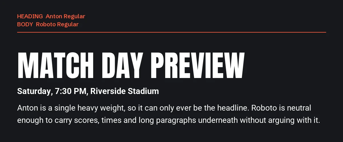Anton Font Pairings for Canva: 6 Fonts That Fit 3 Canva font pairing: Anton headline "Match Day Preview" on a dark background with Roboto body text