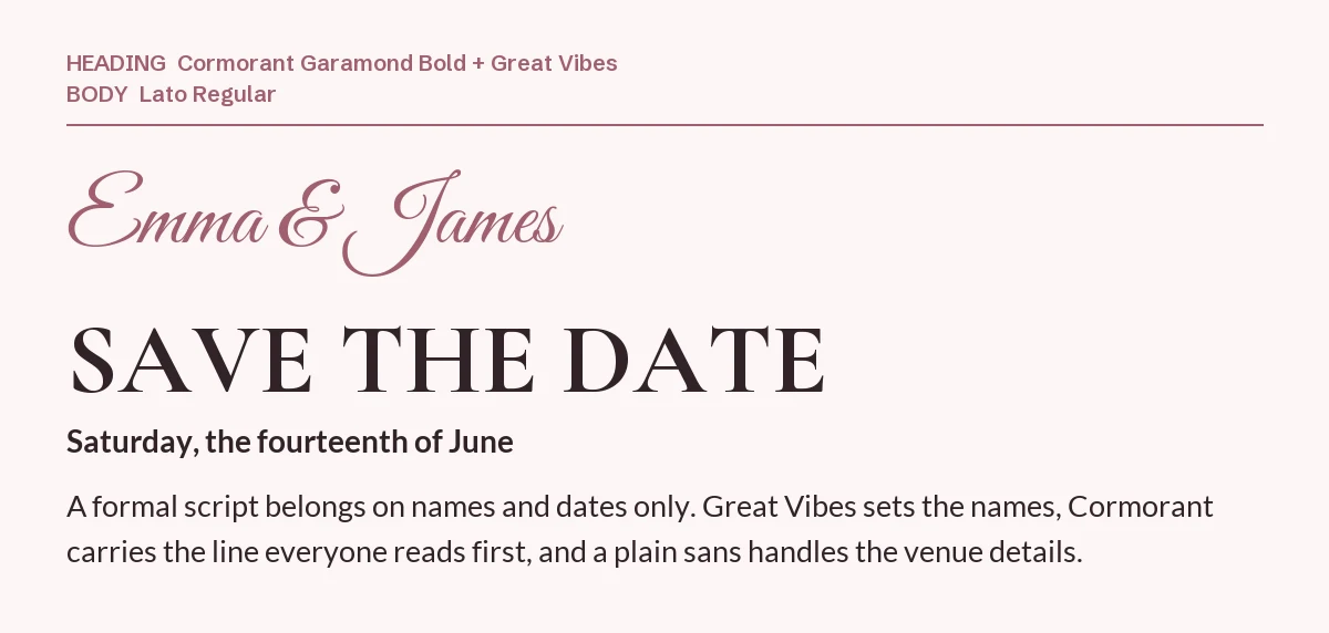 Cormorant Garamond Font Pairing in Canva: 6 Combos 8 Great Vibes script line "Emma & James" above a Cormorant Garamond "Save the Date" headline with Lato details