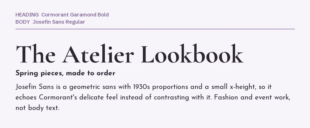 Cormorant Garamond Font Pairing in Canva: 6 Combos 6 Cormorant Garamond Bold headline "The Atelier Lookbook" with Josefin Sans body text on a pale lilac background