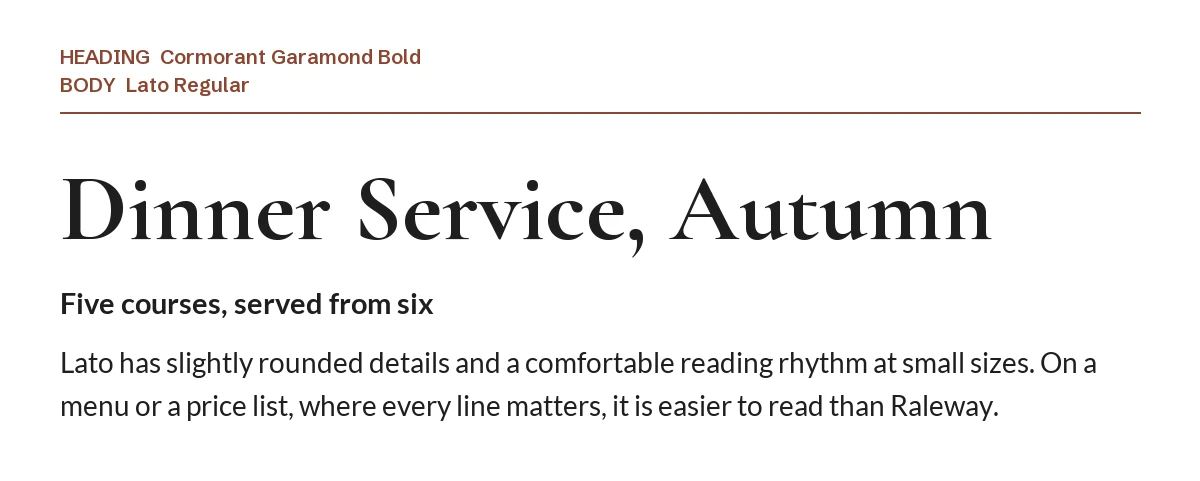 Cormorant Garamond Font Pairing in Canva: 6 Combos 5 Cormorant Garamond Bold headline "Dinner Service, Autumn" with Lato body text