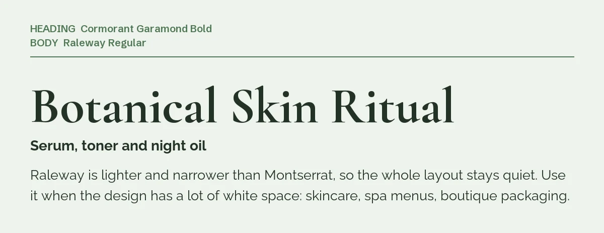 Cormorant Garamond Font Pairing in Canva: 6 Combos 4 Cormorant Garamond Bold headline "Botanical Skin Ritual" with Raleway body text on a soft green background