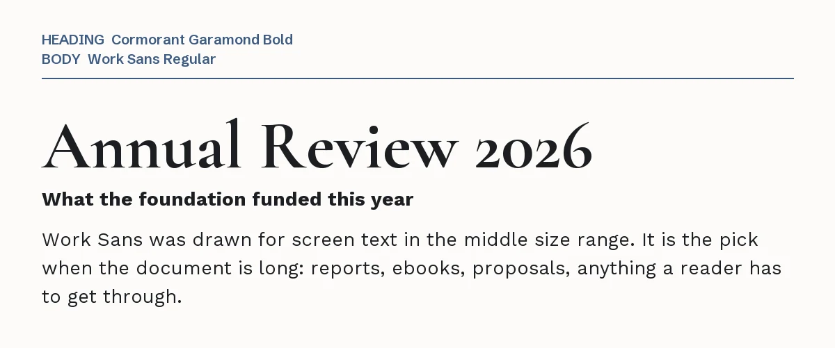 Cormorant Garamond Font Pairing in Canva: 6 Combos 7 Cormorant Garamond Bold headline "Annual Review 2026" with Work Sans body text
