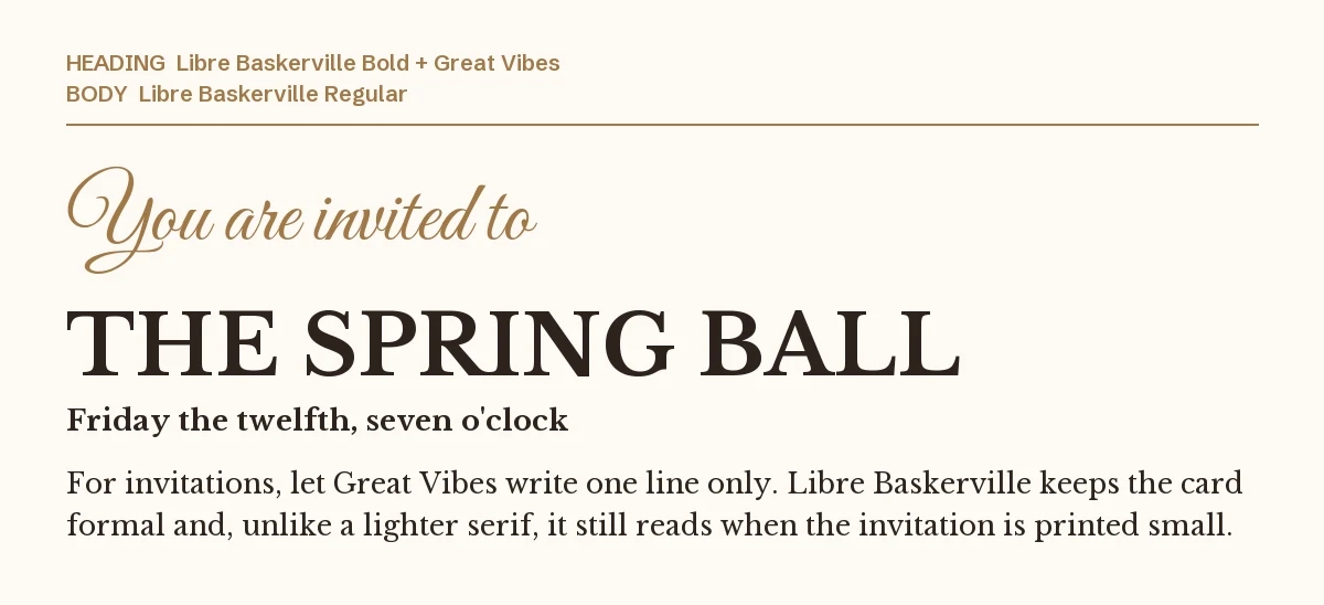 Libre Baskerville Font Pairing in Canva: 6 Picks 8 Great Vibes script line "You are invited to" above a Libre Baskerville "The Spring Ball" headline