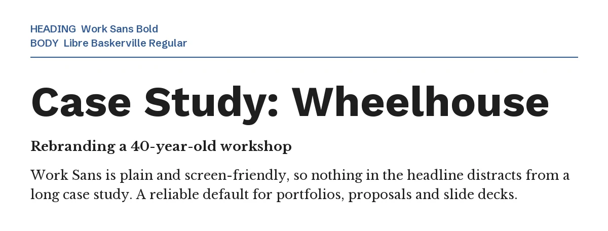 Libre Baskerville Font Pairing in Canva: 6 Picks 4 Work Sans Bold headline "Case Study: Wheelhouse" with Libre Baskerville body text