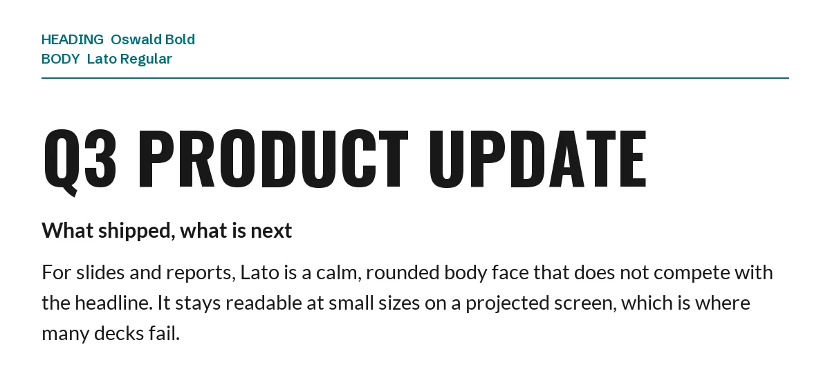 Oswald Bold slide title "Q3 Product Update" with Lato body text