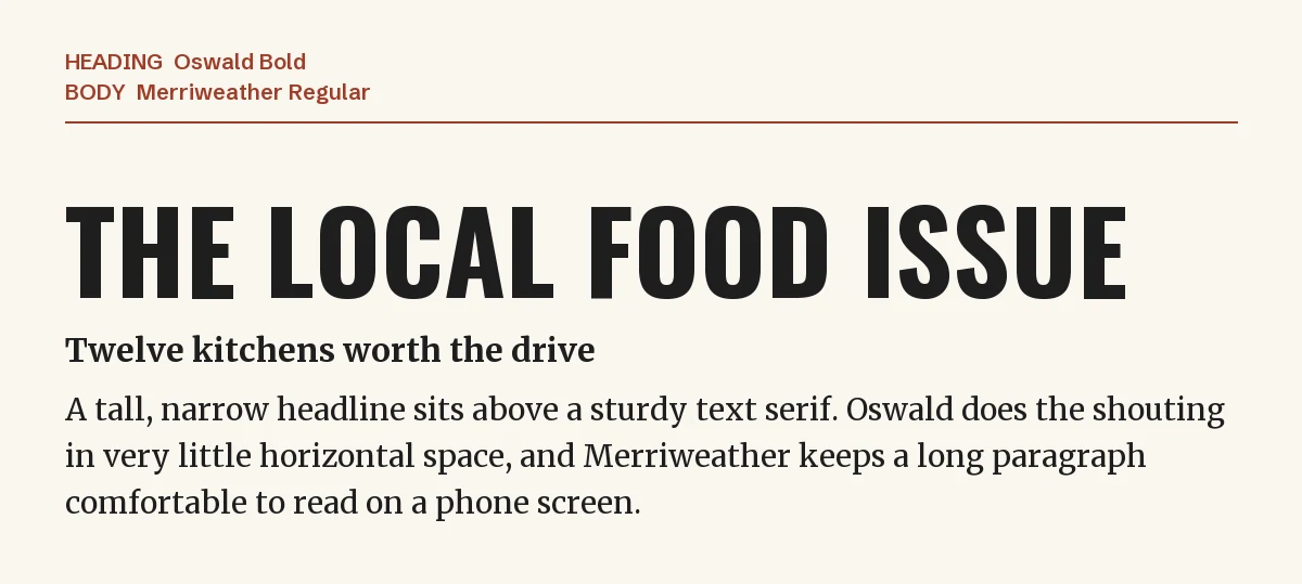 Oswald Bold headline "The Local Food Issue" above body text set in Merriweather
