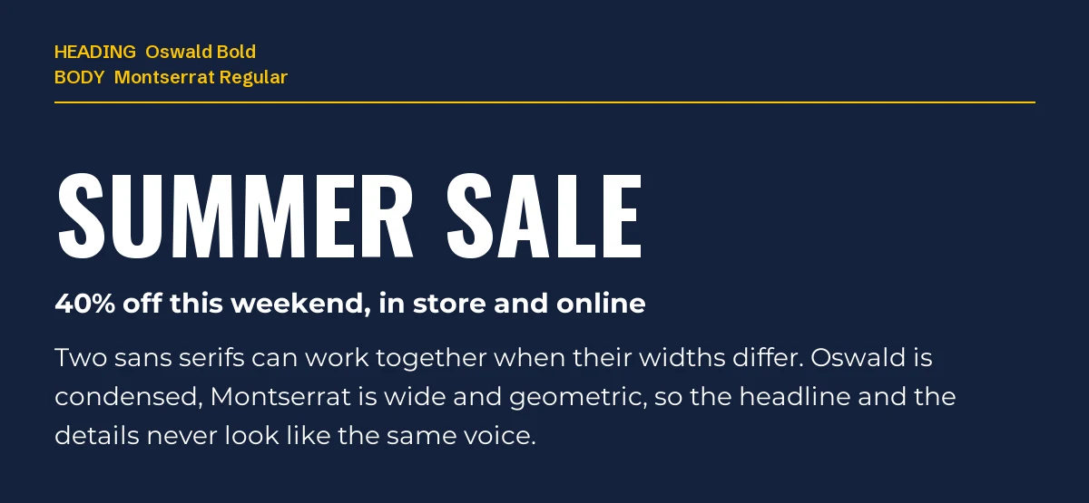 Oswald Bold "Summer Sale" headline with Montserrat subheading and body text on a navy background