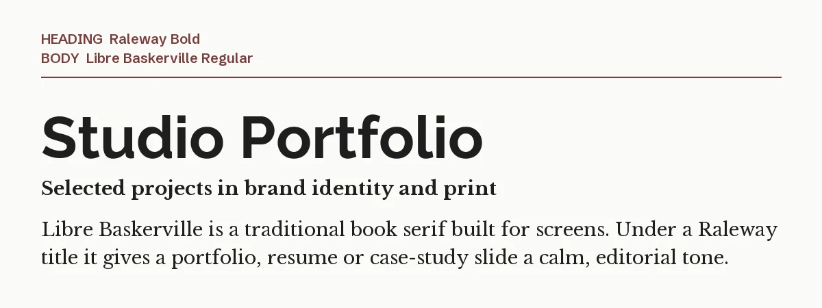 Raleway Font Pairing in Canva: 6 Pairings and 1 Trap 6 Raleway Bold headline "Studio Portfolio" with Libre Baskerville body text