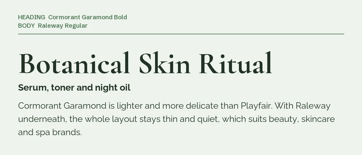 Raleway Font Pairing in Canva: 6 Pairings and 1 Trap 5 Cormorant Garamond Bold headline "Botanical Skin Ritual" with Raleway body text on a pale green background