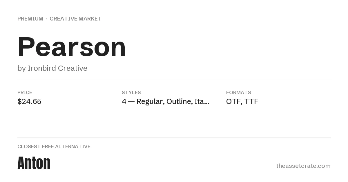 Pearson Font: Hand-Drawn Vintage Display, 4 Styles 2 Pearson specification card showing designer, price, style and format as listed on Creative Market