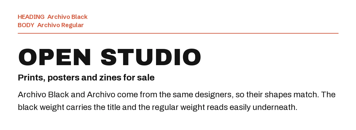 Archivo Black Font Pairing in Canva: 6 Matches 3 Archivo Black headline "Open Studio" with Archivo body text on a white background