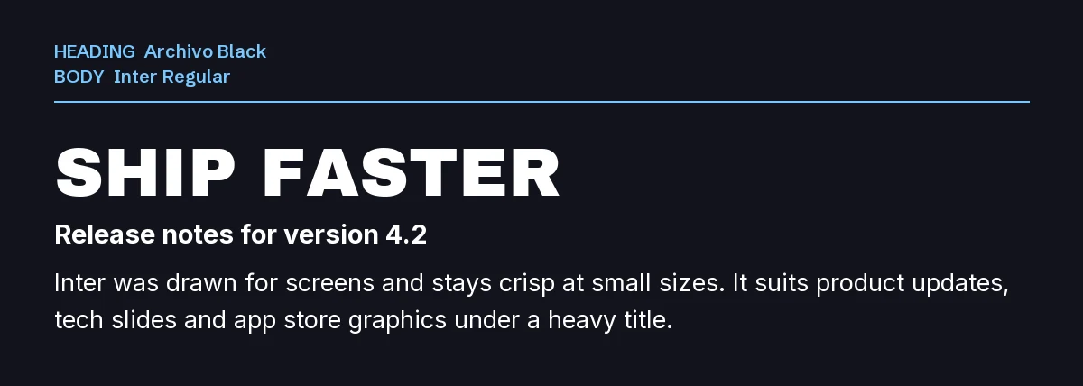 Archivo Black Font Pairing in Canva: 6 Matches 4 Archivo Black headline "Ship Faster" with Inter body text on a dark background