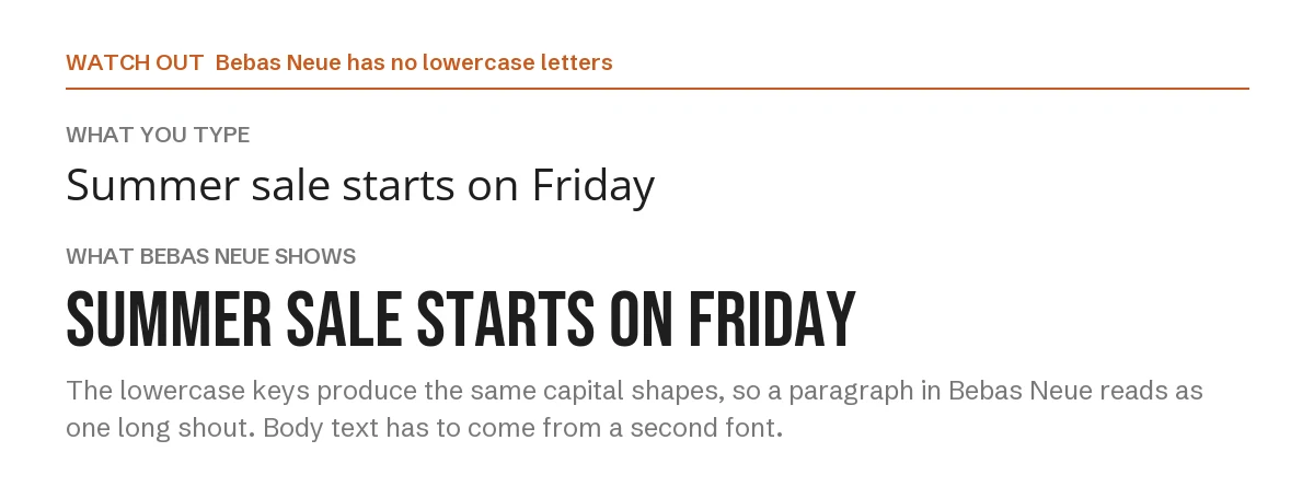 Bebas Neue Font Pairing in Canva: 6 Fonts to Try 2 Canva font pairing: the sentence "Summer sale starts on Friday" typed in normal case and shown in Bebas Neue as all capitals