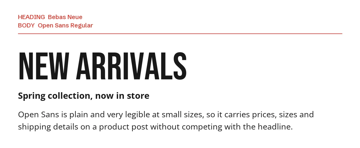 Bebas Neue Font Pairing in Canva: 6 Fonts to Try 5 Bebas Neue headline "New Arrivals" with Open Sans body text on a white background