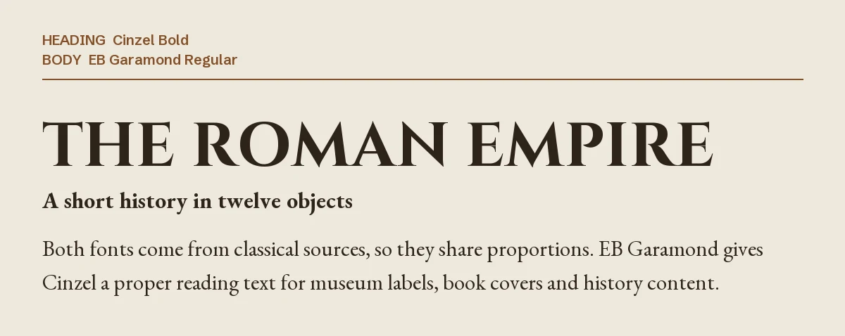 Cinzel Font Pairings for Canva: 6 Elegant Matches 6 Cinzel Bold headline "The Roman Empire" with EB Garamond body text on a parchment background
