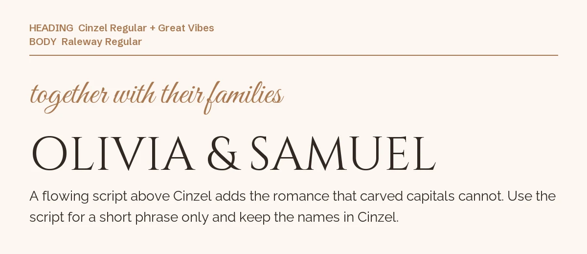 Cinzel Font Pairings for Canva: 6 Elegant Matches 8 Great Vibes script line "together with their families" above a Cinzel "Olivia & Samuel" headline with Raleway details