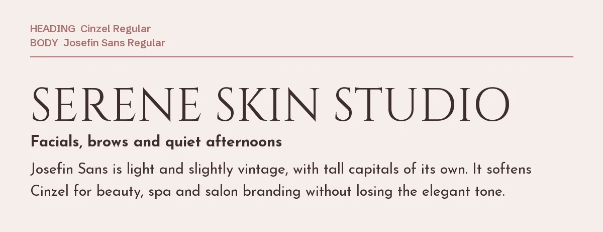 Cinzel Font Pairings for Canva: 6 Elegant Matches 4 Cinzel headline "Serene Skin Studio" with Josefin Sans body text on a blush background