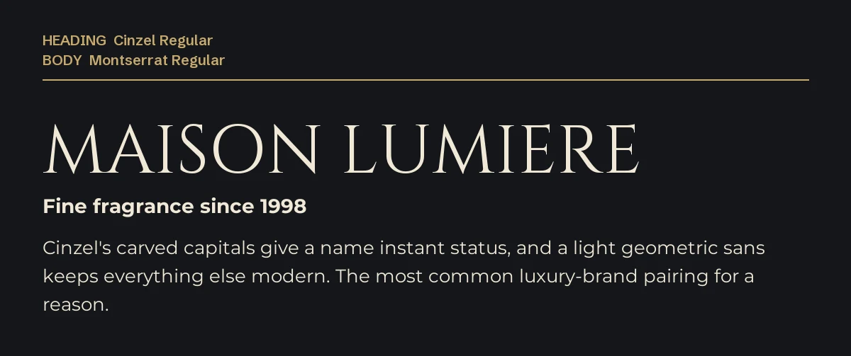 Cinzel Font Pairings for Canva: 6 Elegant Matches 3 Cinzel headline "Maison Lumiere" with Montserrat body text on a dark background with gold accents