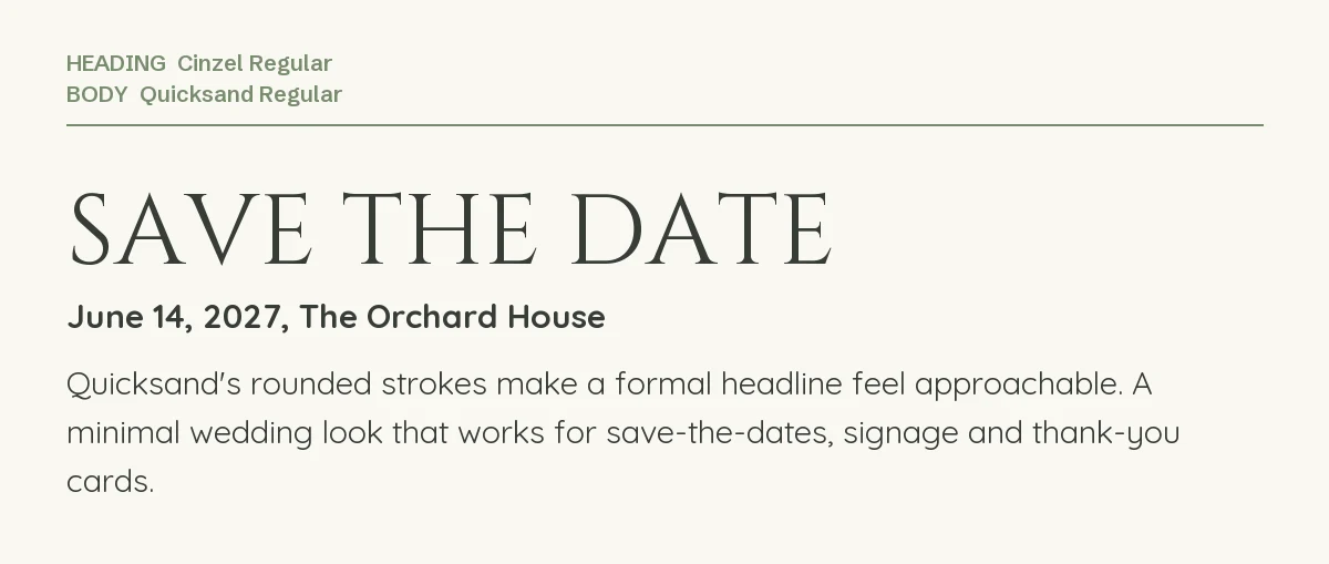 Cinzel Font Pairings for Canva: 6 Elegant Matches 5 Cinzel headline "Save the Date" with Quicksand body text on an off-white background